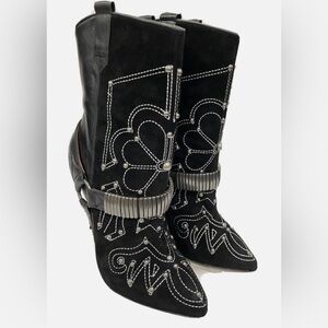 Black Suede Leather Studded Embroidered Harness Booties 7.5 Festival Boot Rocker